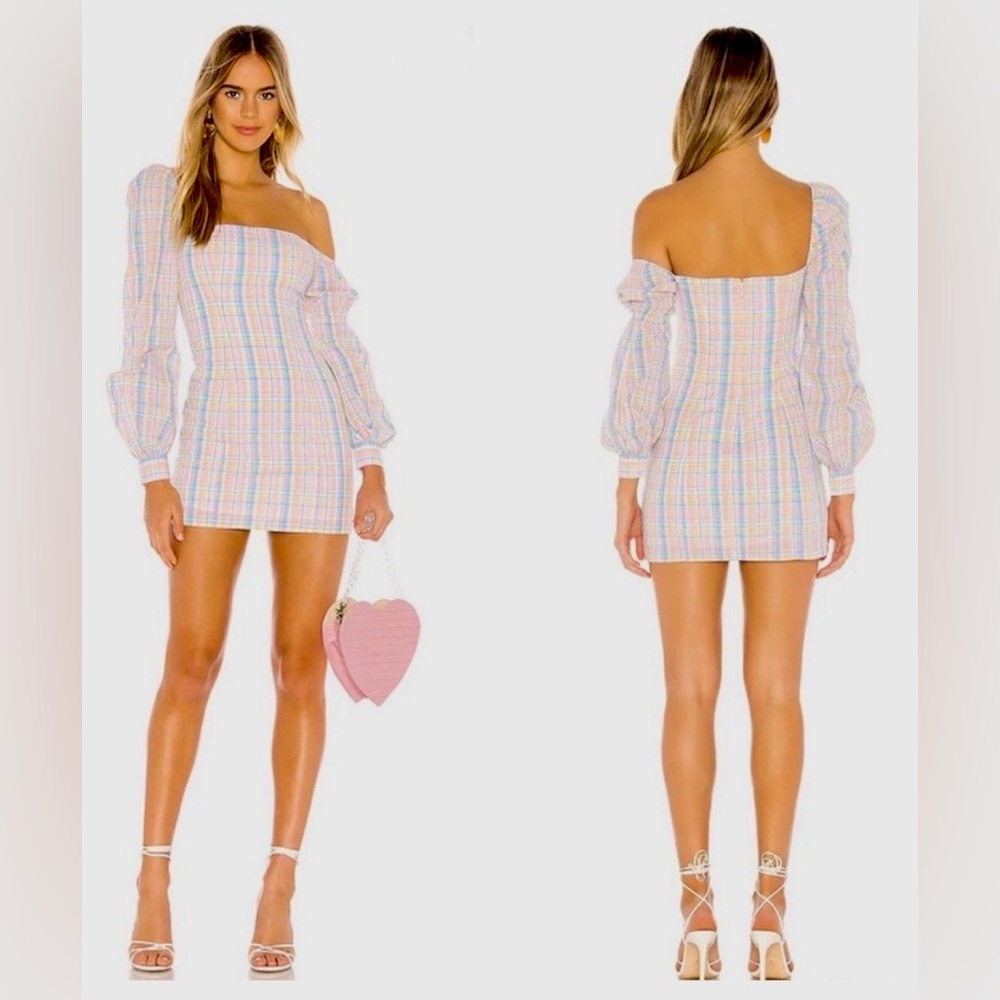 Majorelle Revolve Harlow Mini Dress Cotton One Shoulder Pastel Gingham size M